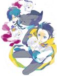  2boys arisato_minato black_hair blue_eyes blue_hair digital_media_player hair_over_one_eye headphones litwick male mochizuki_ryouji multiple_boys persona persona_3 pokemon pokemon_(creature) scarf school_uniform short_hair simple_background sweatdrop 