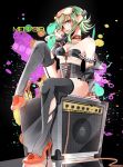  bare_shoulders collar corset fishnets frills goggles goggles_on_head green_eyes green_hair gumi headset high_heels highres looking_at_viewer nou shoes short_hair sitting smile solo speaker thigh-highs thighhighs torn_clothes vocaloid 