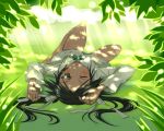  barefoot black_hair blush bow francesca_lucchini green_eyes hair_bow hair_ornament leaf long_hair nature novram58 on_back panties shadow solo strike_witches striped striped_panties sunlight underwear wink 