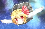  black_dress blonde_hair blush dress ehimedaisuki flying full_moon hair_ribbon highres long_sleeves looking_at_viewer moon night outstretched_arms red_eyes ribbon rumia shirt shooting_star short_hair sky smile solo spread_arms star_(sky) touhou 