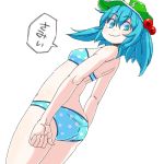  1girl aono3 bra hair_bobbles hair_ornament hat kawashiro_nitori looking_at_viewer looking_back panties polka_dot short_hair simple_background smile solo touhou translated underwear underwear_only white_background 
