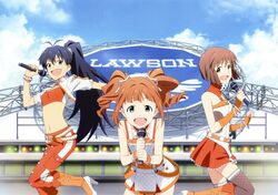  absurdres blue_hair boots brown_eyes brown_hair detached_sleeves fang fishnets ganaha_hibiki green_eyes hagiwara_yukiho highres idolmaster long_hair microphone multiple_girls official_art open_mouth ponytail short_hair sky takatsuki_yayoi the_idolm@ster twintails 