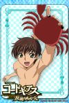  arm_up brown_hair card_(medium) checkered checkered_background chess_piece code_geass crab green_eyes kururugi_suzaku looking_at_viewer male official_art open_mouth smile solo swim_trunks swimsuit 