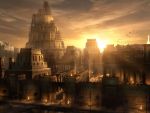  building cityscape cloud clouds flame highres original prince_of_persia scenery ship sky sun sunlight tower_of_babel zatec 