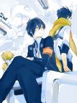  1girl 2boys aegis android arisato_minato arisato_minato_(cosplay) armband back-to-back black_hair blonde_hair blue_eyes blue_hair desk headphones mochizuki_ryouji multiple_boys persona persona_3 scarf school_uniform sitting suspenders thanatos 