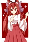  alternate_costume alternate_hairstyle animal_ears bad_id bow cat_ears hair_bow japanese_clothes kaenbyou_rin kuromari_(runia) long_hair long_sleeves miko open_mouth paw_print red_eyes red_hair redhead shirt skirt solo touhou wide_sleeves 
