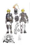  ahoge armor blonde_hair blue_eyes chainmail character_sheet concept_art fate/stay_night fate_(series) gauntlets greaves helmet highres hood knight pauldrons redesign saber sketch solo todee 