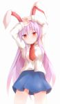  animal_ears arms_up blush bunny_ears dress_shirt highres lavender_hair long_hair necktie rabbit_ears red_eyes reisen_udongein_inaba shirt shize_(coletti) skirt solo touhou 