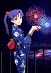  :d absurdres akai_toshifumi blue_hair brown_eyes city fireworks highres idolmaster japanese_clothes kimono kisaragi_chihaya long_hair looking_at_viewer night official_art open_mouth ponytail railing scan sky smile solo star star_(sky) starry_sky water yukata 
