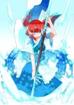  blue_eyes hair_bobbles hair_ornament obi onozuka_komachi red_hair redhead short_hair short_sleeves smile solo soudayu touhou twintails weapon wide_sleeves 