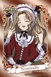  bow brooch brown_hair closed_eyes code_geass cross-laced_clothes dress eyes_closed fingers frills hands headdress jewelry lace lolita_fashion long_hair nunnally_lamperouge official_art ribbon ring smile solo 