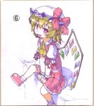  :d blonde_hair fang flandre_scarlet hat hat_ribbon kawamura_tenmei marker_(medium) open_mouth red_eyes ribbon shikishi side_ponytail sitting smile solo touhou traditional_media wings wrist_cuffs 