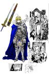  armor blonde_hair blue_eyes blush caliburn cape comic fate/stay_night fate_(series) helmet highres knight mirror monochrome saber servant sheath sword todee weapon 