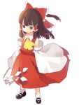  ascot bow brown_hair detached_sleeves empty_eyes gohei grey_eyes hair_bow hair_tubes hakurei_reimu lowres mary_janes ponytail shionty shoes short_hair solo touhou white_background wide_sleeves 