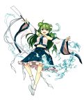  detached_sleeves frog frog_hair_ornament gohei green_eyes green_hair hair_ornament iwao_(pixiv258710) kochiya_sanae long_hair navel open_mouth snake_hair_ornament solo touhou water white_background wide_sleeves 