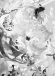  1girl bare_shoulders bow detached_sleeves earrings fate/stay_night fate/unlimited_codes fate/zero fate_(series) fukuda935 gilgamesh greyscale hair_bow jewelry long_hair monochrome necklace ponytail saber saber_lily 
