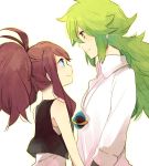  1girl blue_eyes brown_hair couple eye_contact green_eyes green_hair height_difference jewelry long_hair looking_at_another n_(pokemon) necklace no_hat no_headwear pokemon pokemon_(game) pokemon_bw ponytail profile smile touko_(pokemon) vest white_background wristband yukiguni_samui 
