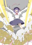 blush constricted_pupils explosion hat highres isogai_yuuji long_sleeves nagae_iku open_mouth outstretched_arms puffy_sleeves purple_hair short_hair skirt solo touhou