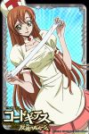  alternate_costume bandage bandages blue_background brown_hair code_geass cosplay green_eyes hat long_hair looking_at_viewer nurse nurse_cap official_art puffy_sleeves red_cross shirley_fenette solo 