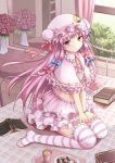  alternate_costume bed blush capelet character_name crescent cup frilled_skirt hat heart highres kamekichi_(kamekiti) long_hair mirror patchouli_knowledge purple_eyes purple_hair revision sitting skirt solo striped striped_legwear thigh-highs thighhighs touhou violet_eyes 