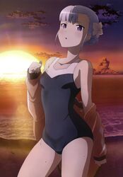  absurdres beach blue_hair blush cloud clouds fin_e_ld_si_laffinty flower hair_flower hair_ornament highres nyantype ocean official_art one-piece_swimsuit purple_eyes rinne_no_lagrange school_swimsuit short_hair sky solo sun sunset swimsuit track_jacket twilight undressing violet_eyes water wet 