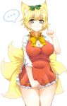  1girl alternate_costume animal_ears blonde_hair bow breasts brown_eyes chen chen_(cosplay) cleavage cleavage_cutout cosplay dress fox_ears fox_tail hat heart large_breasts mitsuami multiple_tails panties paw_pose red_dress shirt short_hair skirt skirt_tug solo striped striped_panties tail touhou undersized_clothes underwear vest yakumo_ran 