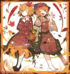  aki_minoriko aki_shizuha bad_id blonde_hair blush dress food fruit grapes hair_ornament hat highres leaf leaf_on_head multiple_girls red_eyes ringetsumon short_hair siblings sisters skirt smile touhou wink yellow_eyes 