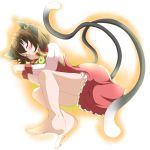  :3 animal_ears barefoot blush brown_hair cat_ears cat_tail chen closed_eyes earrings error eyes_closed feet jewelry long_sleeves lying multiple_tails shirosuzu short_hair sleeping smile solo tail touhou 