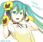 2012 dated green_eyes green_hair hands_on_headphones happy_birthday hatsune_miku headphones long_hair looking_at_viewer open_mouth project_diva_f simple_background solo tohogaeru twintails vocaloid weekender_girl_(vocaloid) white_background 