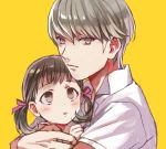  1girl brown_eyes brown_hair bust doujima_nanako grey_eyes grey_hair hair_ribbon hug narukami_yuu persona persona_4 popompon ribbon short_hair twintails 