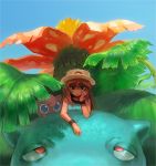  1girl bare_shoulders blue_(pokemon) blue_eyes bored brown_eyes brown_hair flower hat head_rest jigglypuff leaf long_hair pokemon pokemon_(creature) pokemon_(game) pokemon_frlg porkpie_hat venusaur wrist_cuffs yuza 