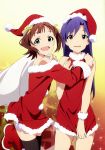  absurdres akai_toshifumi amami_haruka artist_request bare_shoulders black_legwear blue_hair boots brown_eyes christmas dress dress_tug green_eyes halter_top halterneck hat highres idolmaster kisaragi_chihaya long_hair multiple_girls official_art red_dress sack santa_hat scan short_hair smile thigh-highs thighhighs 