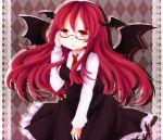  bat_wings blush breasts dosei dress glasses head_wings highres koakuma long_hair long_sleeves necktie open_mouth red_eyes red_hair redhead semi-rimless_glasses skirt solo touhou under-rim_glasses vest wings 