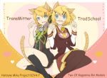  animal_ears black_legwear blonde_hair blue_eyes cat_ears cat_tail clone comic_sans hair_ornament hairclip kagamine_rin kemonomimi_mode multiple_girls open_mouth pantyhose project_diva project_diva_f rimocon_(vocaloid) short_hair skirt smile tail vocaloid 