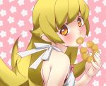  bakemonogatari bangs blonde_hair blush bow doughnut dress fang kobayashi_marina looking_at_viewer monogatari_(series) no_hat no_headwear oshino_shinobu pointy_ears solo star yellow_eyes 