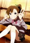  akai_toshifumi brown_eyes brown_hair futami_mami grin highres idolmaster legs official_art school_uniform seifuku short_hair side_ponytail smile socks solo the_idolm@ster v 