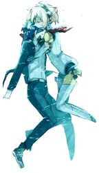  1girl aegis aiwatan android arisato_minato blonde_hair blue_hair closed_eyes couple hug persona persona_3 ribbon robot_joints school_uniform short_hair simple_background spoilers tears 