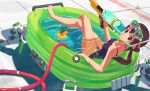  barefoot brown_eyes brown_hair crossed_legs diving_mask hose inaba_taiju long_hair looking_back original rubber_duck school_swimsuit sitting snorkel solo submerged swimsuit twintails wading_pool water water_gun 