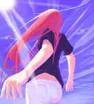  aozaki_aoko foreshortening from_behind hands jeans jpeg_artifacts lens_flare long_hair melty_blood red_hair redhead senmu shirt sky solo tsukihime 