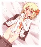  blonde_hair blush covering dress_shirt fang hair_ribbon kousa_(black_tea) lying messy_hair mound_of_venus necktie on_back open_clothes open_mouth open_shirt panties pointy_ears red_eyes ribbon rumia shirt skirt skirt_lift skirt_pull solo sweat tears touhou underwear wavy_mouth white_panties 