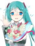  1girl aqua_eyes aqua_hair bare_shoulders blush bouquet detached_sleeves flower hatsune_miku long_hair looking_at_viewer necktie open_mouth sketch smile solo twintails very_long_hair vocaloid waving yukityasoba 