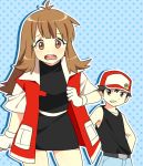  1boy 1girl alternate_costume bangs baseball_cap belt black_dress black_hair blue_(pokemon) blue_(pokemon)_(classic) blush brown_hair cosplay couple creatures_(company) dress game_freak gloves hat long_hair nintendo open_mouth pokemon pokemon_(game) pokemon_rgby pokemon_special pumpkinpan red_(pokemon) red_(pokemon)_(classic) red_(pokemon)_(cosplay) 