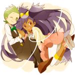  1girl bow bowtie brown_eyes dark_skin dent_(pokemon) formal green_eyes green_hair heart iris_(pokemon) leggings mochi730 open_mouth pokemon pokemon_(anime) purple_hair simple_background smile vest 