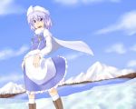  apron blue_eyes cape cloud clouds futomashio hat letty_whiterock long_sleeves mountain open_mouth purple_hair short_hair sky solo standing touhou 