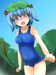  blue_eyes blue_hair blush breasts cattail forest fumi_(fumifumi-graffiti) hair_bobbles hair_ornament hat highres kawashiro_nitori nature one-piece_swimsuit open_mouth plant school_swimsuit short_hair sky solo swimsuit touhou twintails water 