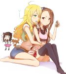  :3 amami_haruka barefoot black_legwear blonde_hair blush brown_eyes brown_hair closed_eyes eyes_closed forehead green_eyes hairband holding hoshii_miki hug idolmaster long_hair minase_iori minazuki_randoseru mouth_hold multiple_girls no_shoes pleated_skirt rough shorts sitting skirt sleeveless smile stuffed_animal stuffed_toy sweat takatsuki_yayoi thigh-highs thighhighs wariza white_background zettai_ryouiki 