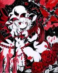  absurdres acrylic_paint_(medium) ascot bat_wings candle cross flower frills hat hat_ribbon highres long_sleeves millipen_(medium) moon petals puffy_sleeves red_eyes red_moon remilia_scarlet ribbon rose short_hair solo spot_color torajirou touhou traditional_media wings 