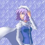  blue_eyes cape futomashio hat highres letty_whiterock long_sleeves open_mouth puffy_sleeves purple_hair short_hair solo touhou 