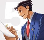  5 ahoge badge black_eyes black_hair breast_pocket chain chains fingernails grey_background gyakuten_saiban holding leaning_forward long_sleeves male naruhodou_ryuuichi necktie number open_clothes open_jacket paper parted_lips sideways_mouth solo spiked_hair spiky_hair teeth vest 