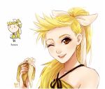  banana bangs bare_arms blonde_hair blush_stickers bow brown_eyes chibi dual_persona food food_themed_clothes fruit hair_bow holding long_hair meago open_mouth original personification ponytail portrait signature simple_background smile solo very_long_hair white_background wink yellow_dress 